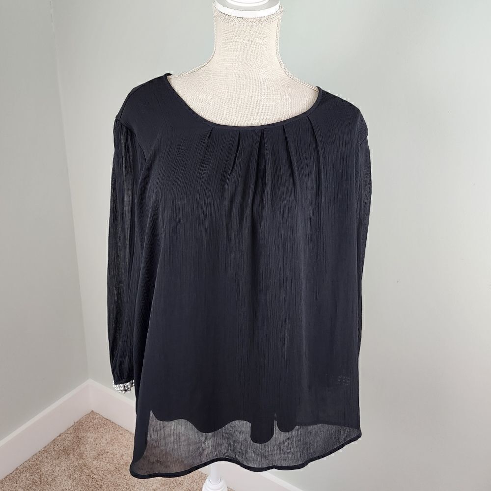 JACLYN SMITH BLACK SHEER TOP WITH PEARL AND RHINESTONE EMBELLISHMENTS SIZE L